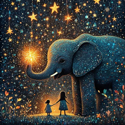 Prompt: The little native super cute girl holding her star magical stick and her cute elephant friend. In style of james r eads and Sam Toft. Naive art, 3d, extremely detailed, intricate cinematic lighting, high definition 