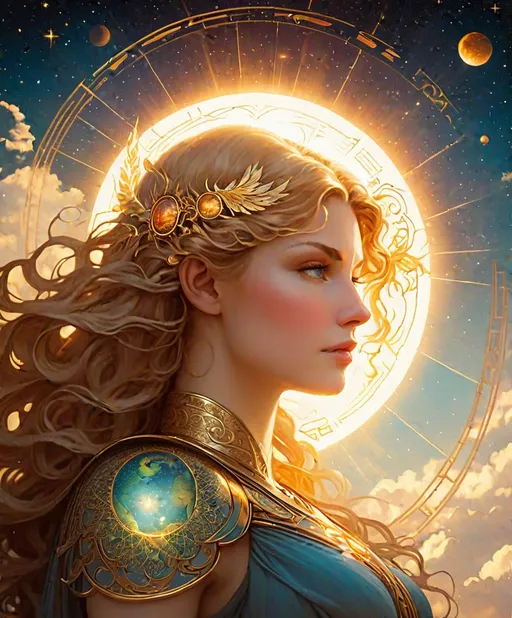 Prompt: Face of beautiful Norse goddess, Sol, as she looks down at the earth. She is glowing. Heliocentric. In the style of Maxfield Parrish and Alphonse Mucha and Moebius