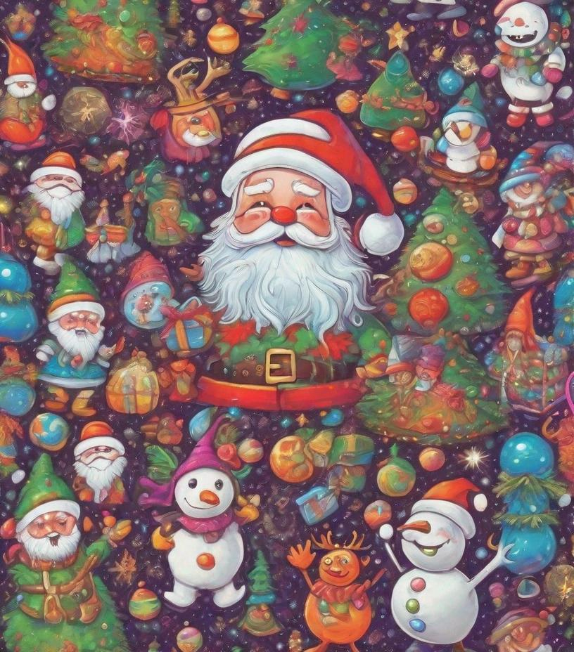 Prompt: Santa has become the ruler of the new world and the whole galaxy. Everything is Christmas. He has an army of elves, reindeers and snowman. Nobody can stop him. The Christmas spirit has taken over everything. The picture is magical, cheerful, maximalist and psychedelic.