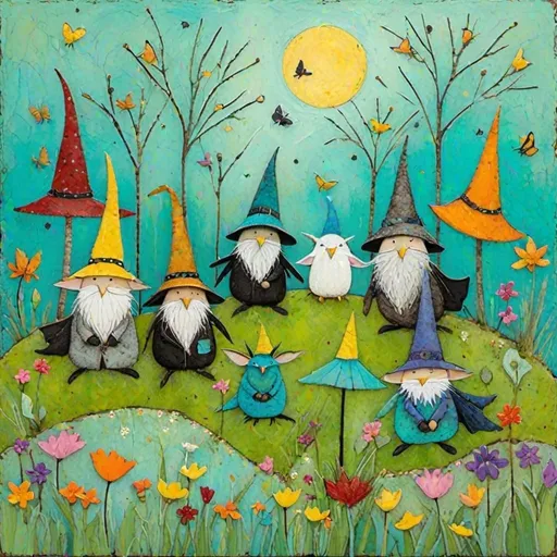 Prompt: Sam Toft style art pile of too many wizards cute creatures in a whimsical spring garden, craquelure, tempera, guache impasto encaustic texture