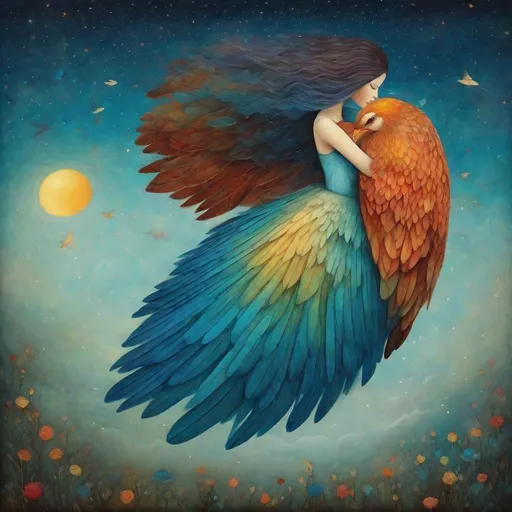 Prompt: In style of christian Schloe and daria Petrilli, a giant colorful bird flying in a whimsical night sky with a beautiful cute girl , she has a very long and wild  ombre gradient blue hair, and is flying on the Bird back . Craquelure, egg tempera effect, Naive art, extremely detailed, optical illusion, oil painting 