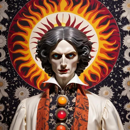 Prompt: flaming heliocentric sun god vampire in fornasetti style, by laurie simmons, whimsical tapestry background 