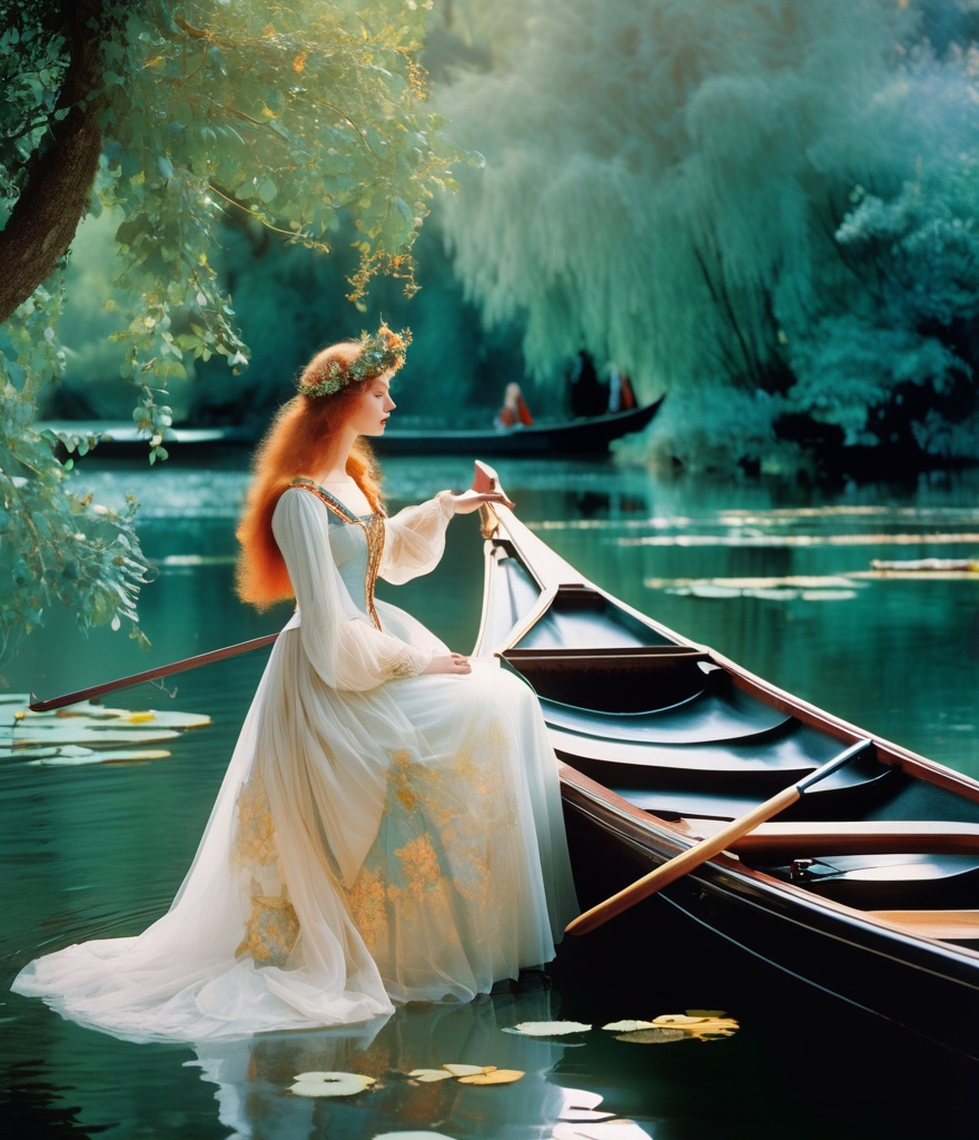 Prompt: Experiment with "pre-Raphaelite painting style" to create wireframe holograms of the characters from Alfred Lord Tennyson's "The Lady of Shalott," capturing the romantic and tragic essence of this medieval grunge poem, photography by WLOP, SLim aarons