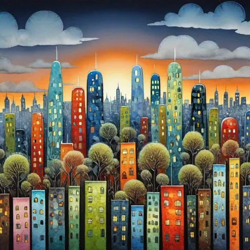 Prompt: A beautiful dreamy city , tall buildings with whimsical fused glass trees, twilight sky Illustration art by David Martiashvili, Carsten Meyerdierks, Marimekko, Lee Madgwick, Ryan McGinness, Mary Fedden, Yvonne Coomber. 3d, watercolors and ink, beautiful, fantastic view, extremely detailed, intricate, best quality, highest definition, rich colours