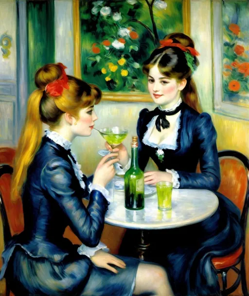 Prompt: Impressionist painting of twin sisters, seated in *Bentonite* chairs, enjoying absinthe in a Paris bistro in 1898, painted by Pierre-Auguste Renoir. --ar 3:2 --s 99** - <@1086424769362132992> (fast)