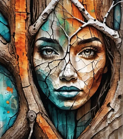 Prompt: a highly detailed abstract woman face, an old tree trunk with roots and branches, with cracked bark, rusted metal pieces, mixed media textured background, vivid colors, watercolor splashes, paper texture