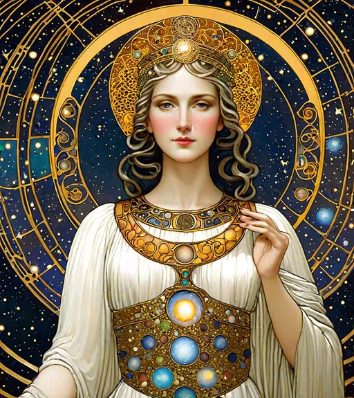 Prompt: heliocentric princess space, lady justice by  gustav klimt 