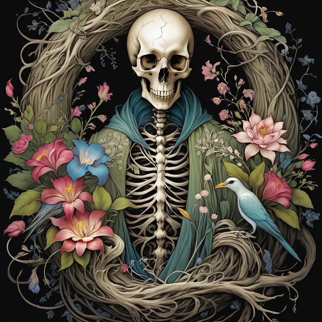 Prompt: flowers, floral, beautiful ephemeral phantom, bioffice horus ouroboros, creepy skeletal vining and twining, in the style of leonard baskin cave birds drawings, botanicalbentology, brian froud, lovecraftian Rie Cramer, Mike Dargas, Howard Chandler Christy, Michael Creese, Thomas Ascott 