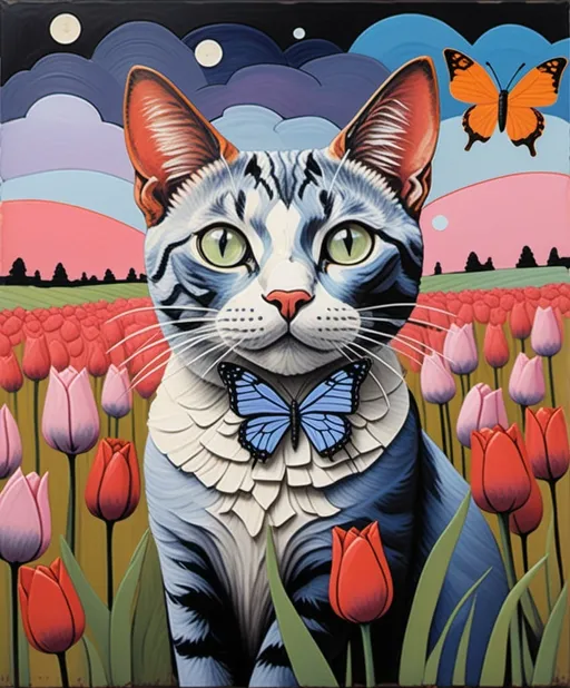 Prompt: Art by Alfred Wallis, Javier Mariscal, Monica Blatton, Luminous encaustic texture, gradient bold crossed colors, profile of an expressive beautiful cat looking up with a butterfly perched in its nose, in a field of tea rose and periwinkle tulips, piercing odd colored eyes, twilight sky.