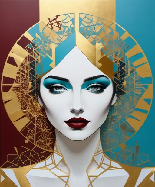 Prompt: the drawing of a woman on a white background with gold, white, blue and yellow gold shapes, gold leaf details, relief texture gold, in the style of edgy street art, dark red and turquoise, pristine geometry, serene faces, geometric shapes & patterns, illusory wallpaper portraits, flickr 