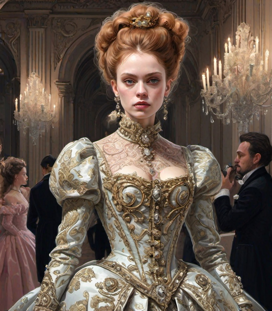 Prompt: natasha romanov fancy ornated on neon victorian age, medieval grunge, victorianpunk, fashion design sketch, met gala event, royal gala, rococo, baroque, hyper realistic, insanely detailed and intricate, hyper maximalist, elegant, super detailed, dynamic pose