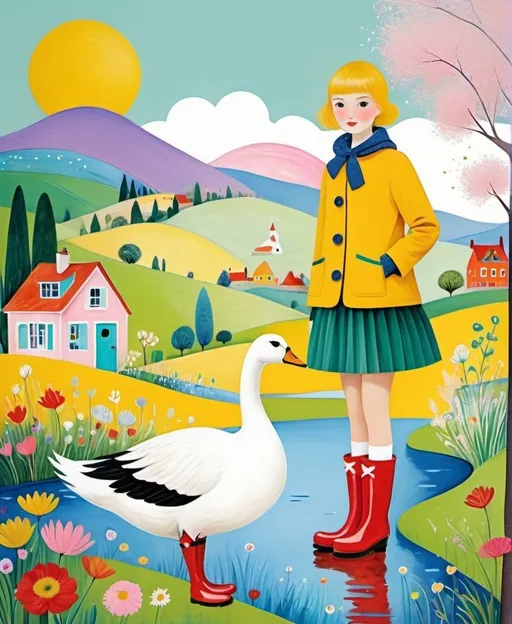 Prompt: art Style By tetyana erhart, Florine Stettheimer, Dina Wakley, Elisabeth Fredriksson:, a pretty cute girl and a goose wearing colour rubber boots in a whimsical landscape 