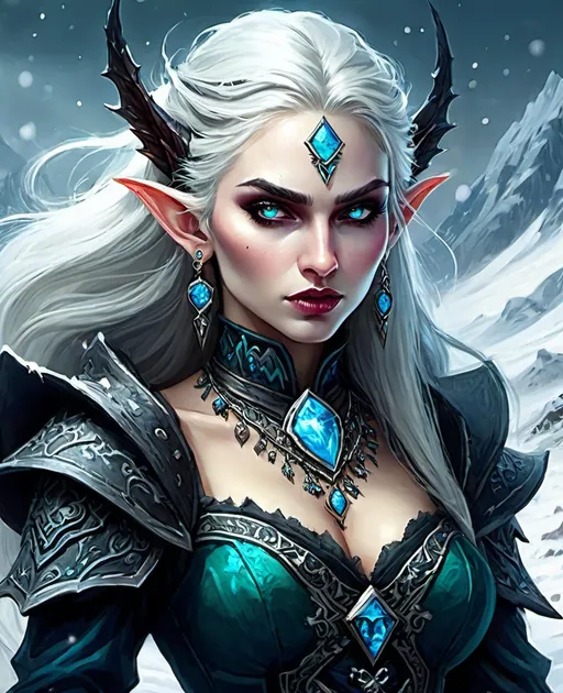 Prompt: a divine godess elf necromancer from the void, jewelry, earrings, evil, with a horde of zombies in tundra, haze, snow storm, comic style by van Gogh 