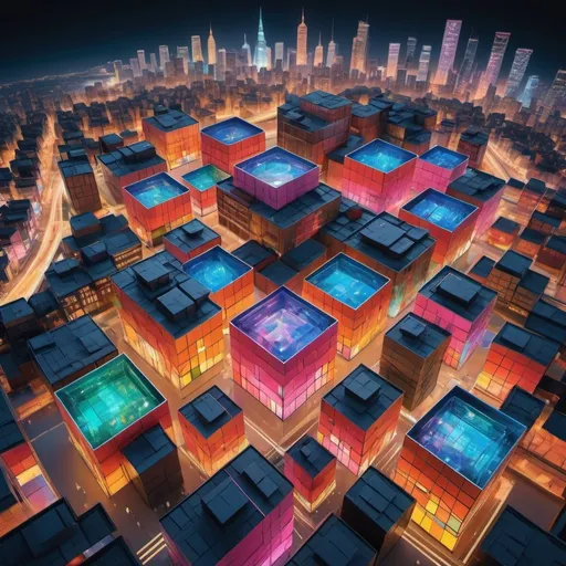 Prompt: a breathtaking, kaleidoscopic cityscape featuring colorful and holographic cube buildings, styled in an innovative bento layout, harmoniously integrated with a heavenly junction rectifier. Each building, a perfect cube, glimmers with holographic surfaces that catch and bend light into a spectrum of vibrant hues, creating a dynamic and ever-changing visual feast reminiscent of a kaleidoscope. These cubes are meticulously arranged in a bento-style format, emphasizing order and aesthetic balance. This layout presents a neat, compact organization, where each building is both a separate entity and a part of the larger, harmonious whole. At the heart of this scene is the heavenly junction rectifier, a central structure that stands out with its intricate design and ethereal glow. It acts as the focal point, seamlessly connecting the various elements of the cityscape. This rectifier is not just functional but also an artistic masterpiece, symbolizing the unity and energy flow within this vibrant urban environment. The overall composition is a stunning fusion of traditional bento aesthetics with futuristic architectural concepts, creating a cityscape that is both otherworldly and structured, a place where the magic of colors and the elegance of geometry coalesce to form a visually stunning and heavenly urban utopia. 