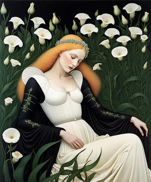 Prompt: Peeling encaustic texture, Paolo Uccello, Mert Alas, Irmgard Schoendorf Welch, Aimee Stewart, the beguilling goddess of death lounges in a field of lisianthus, She inspires fear, yet we are drawn to her. Seeking her embrace and the resulting serenity. 