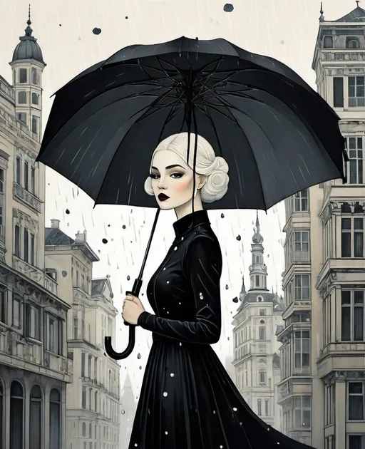 Prompt: illustration of a pretty young lady holding an umbrella, in the style of surrealist-inspired works, gothic neo-pop surrealism, Kate Baylay, Hayv Kahraman, Troy Brooks, Cathy Horvath Buchanan, Lotta Jansdotter, vienna secession, off white and black, raining day, metropolis tall buildings background, intricate flowers, jewelry by painters and sculptors, elegant, emotives faces, goth fashion, subtle playfulness