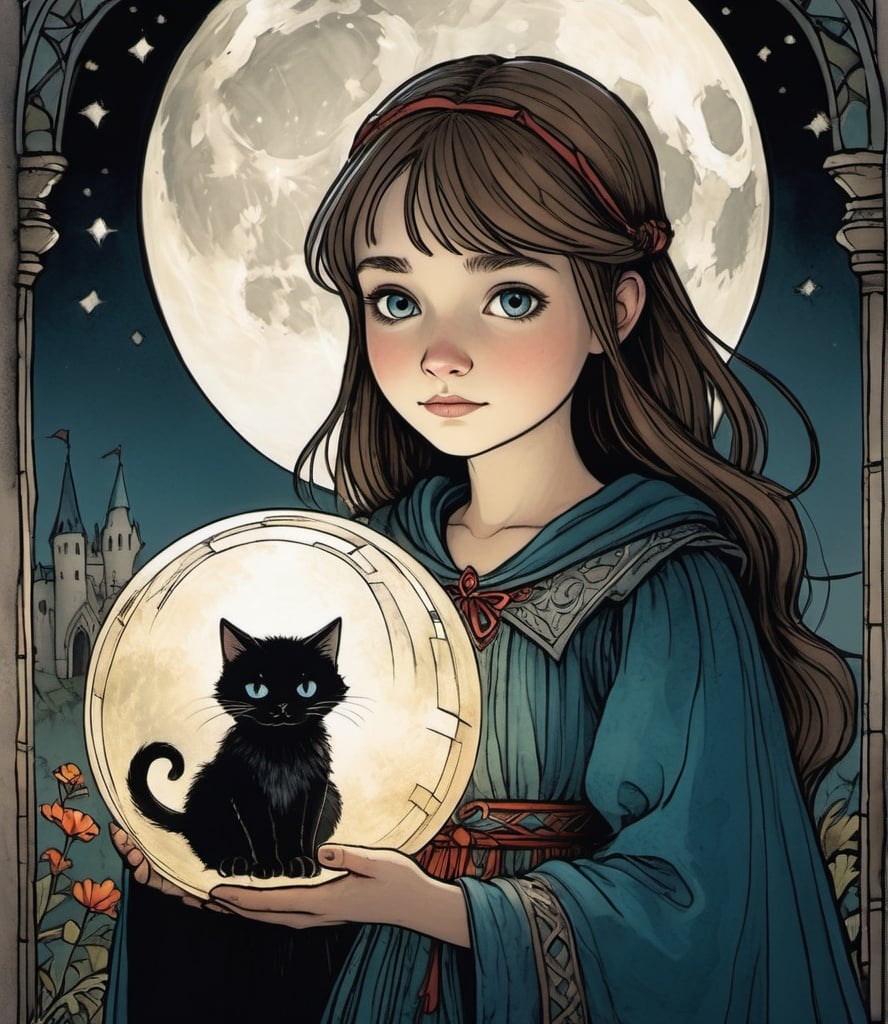 Prompt: medieval grunge fairy tale, return after long wanderings, a a pretty girl and her cat vampire follow the great orb, in the style of fragmented memories, portraiture with emotion, lightbox, child-like innocence, pensive stillness, in the style of Chris Riddell and Marjorie Miller 