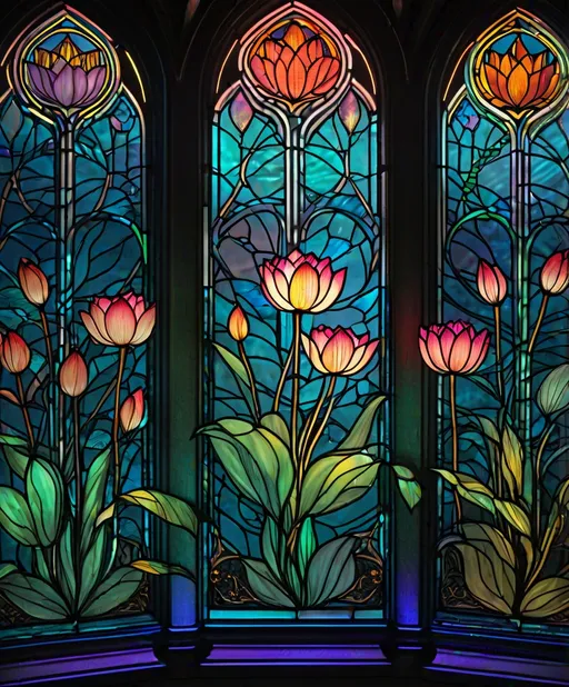 Prompt: a wireframe hologram of 3 stained glass windows, triptych, lotus flowers