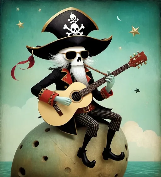 Prompt: The wandering pirate wizard plays a whimsical tune on his guitar STYLE: by Gabriel Pacheco, by Catrin Welz-Stein, by Kathleen Lolley, by Tara McPherson