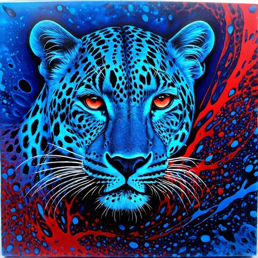 Prompt: acrylic pour splatter photonegative refractograph Leopard alternate dimensions blue to red gradient, crossed colors