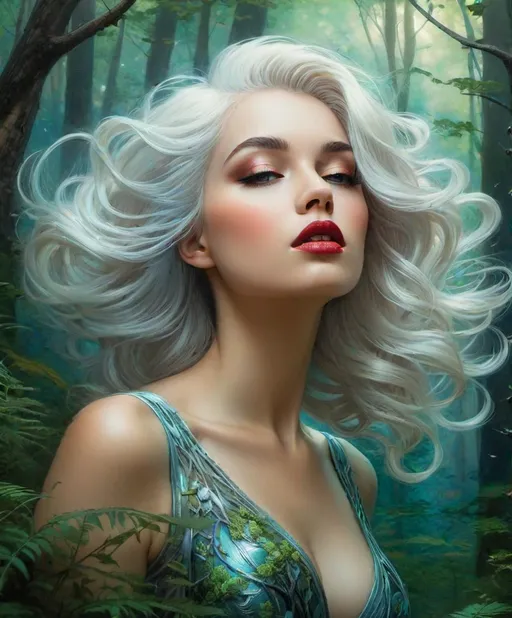 Prompt: The beautiful young lady with blowing platinum hair illustration art by Delphin Enjolras, Daria Endresen, Tristan Eaton. Whimsical forest background, Extremely detailed, intricate, beautiful. 

