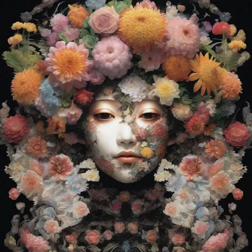 Prompt: Japanese Light Novel art, inspired by Giuseppe Arcimboldo, a woman whose face is made of floral decoupage, on an all black background, depth to the piece with the flowers forming a mandelbrot in the background l