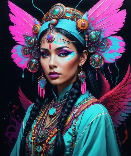 Prompt: sartorial cell shaded victoriancore shaman, she is a good angel. and rebell. excessive molecular bubble gum coloring elements, wild artful electric lighting neon biomechanic urban art smooth and elegant deep emotions strong expressions, negative space colorful ink painting, photorealistic