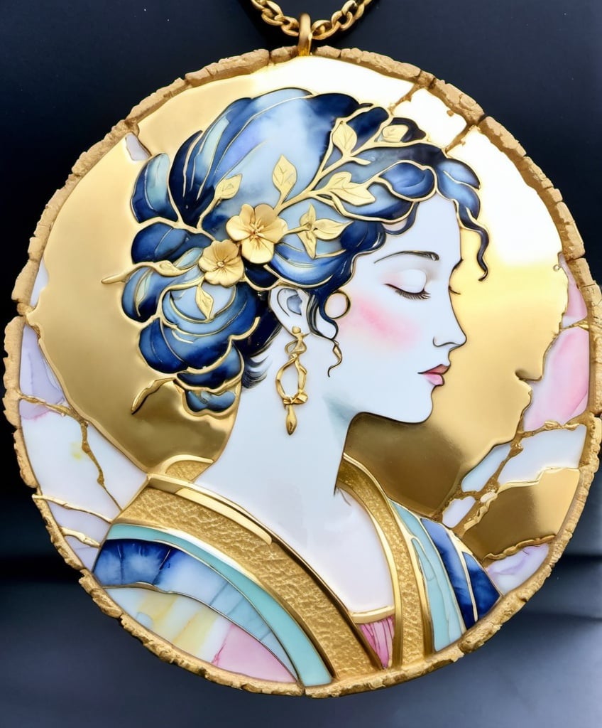 Prompt: Light Persephone baroque kintsugi watercolor, shining 24 kt gold and pastel 