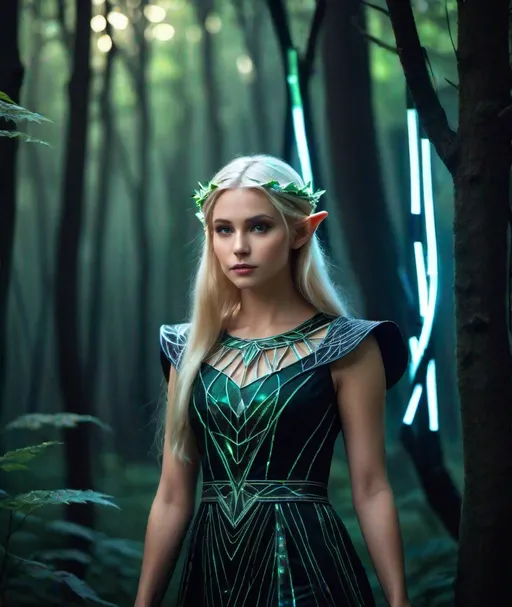 Prompt: beautiful blond female elf suited in a sartorial dark cotton dress sewn in fiberglass lighting strips leave pattern holographic colors mystical dream vision dark forest scene