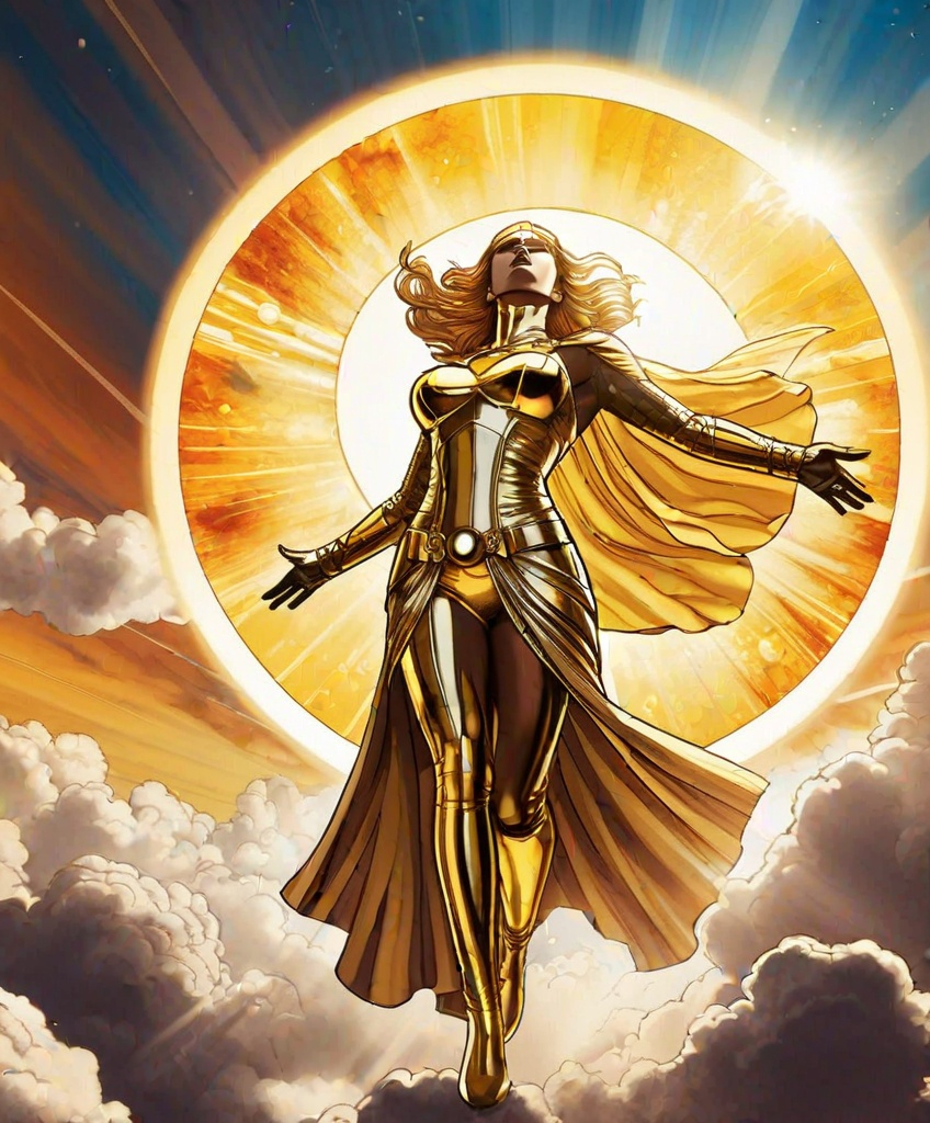 Prompt: hovering heliocentric goddess descending from the sky, epic noonday sky, sun flare behind her, in the style of Watchmen comics, glossy, golden, curvaceous 