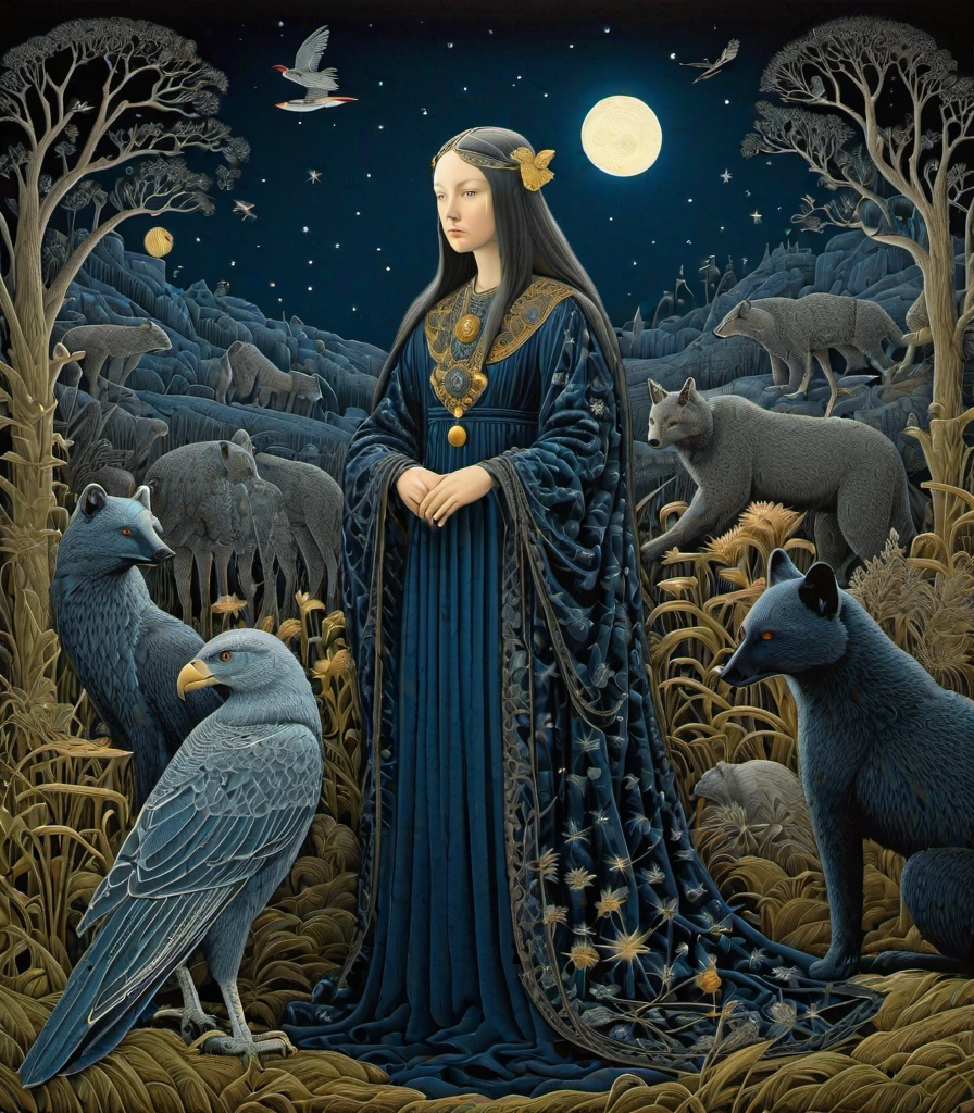 Prompt: She is a night girl with night animals style of Simen Johan, Michael Hutter, Genevieve Godbout, Morris Hirshfield, Robert Gillmor, Amy Giacomelli. Extremely detailed, intricate, beautiful, 3d, high definition 