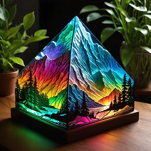 Prompt: Immerse yourself in the world of laser etched creativity with a reinterpretation of Glacier National Park, bursting with vivid colors and intricate details. Complement this artistry with a prism photography technique, highlighting the interplay of light and colors.