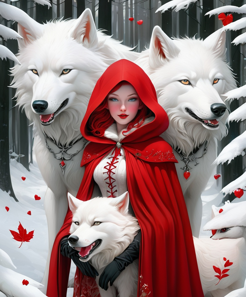 Prompt: The beautiful Red Riding Hood is in love with the Big white Winter wolf, detailed, fern leaves, Snow, by artgerm, tom bagshaw, Megan duncanson, James Jean, shaun tan, madoka magica, by kay nielsen, embossing fairy tale, whimsical, trending on artstation. Super clear resolution, elegant beautiful, lovely, best quality, beautifully lit, vray tracing