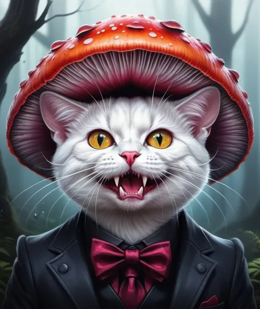 Prompt: an artwork of an colorful cat vampire mushroom, in the style of fantastic grotesque, dissolving, realistic hyper-detailed portraits, detailed character illustrations, molecular 