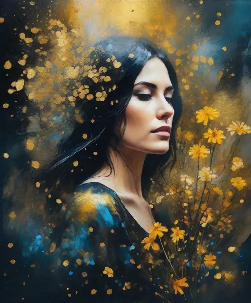 Prompt: dark hair woman + wildflowers and gold glitters, double exposure photography combined with wet on wet oil painting, wild + wistful + awe inspiring composition, cinematic pose and expression, surrealism 
