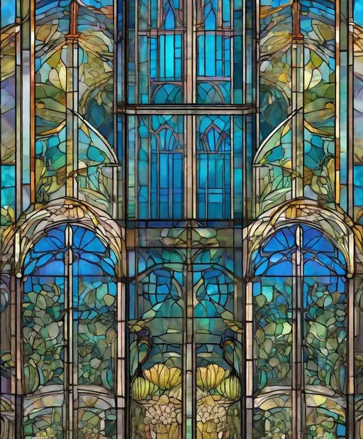 Prompt: whimsical building in  art nouveau a wireframe hologram of 3 stained glass windows, triptych, lotus flowers 