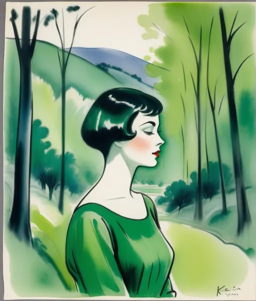 Prompt:  Kees van Dongen, style Charcoal lines sketch: A surreal watercolor painting of a contemplative woman with short hair, merged with a vibrant green forest landscape. Her profile creates the illusion of a hillside with trees, where the foliage forms the pattern of her clothing, blending seamlessly into a scenic natural backdrop.