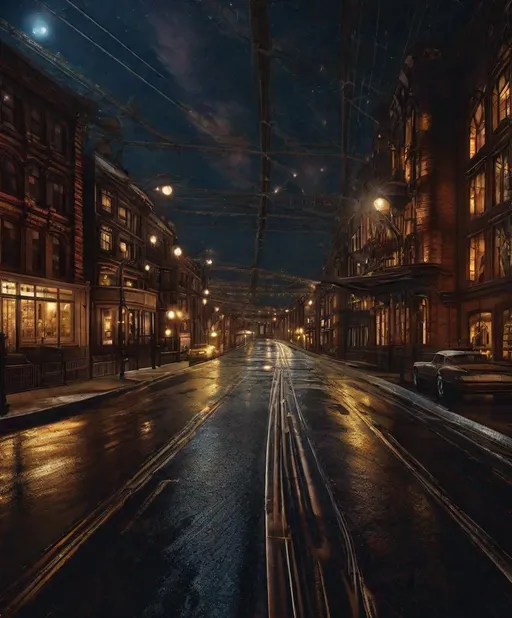 Prompt: heliocentric nighttime, lit streets, steampunk, detailed ultrarealistic photography