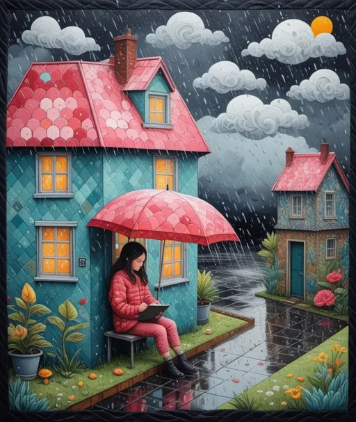 Prompt: waiting for you in the rain He will return like in a dream Bad dream Will let us be close to each other But the dream flew away His heart changed Only you are left with your ambiguous love , in the style of hot vs cold folk art-inspired isometric , bold patterned quilts, pastel colours, bloomcore, mixes painting and ceramics, precise, detailed architecture paintings, cute and dreamy, illustration by Olivia Gibbs, Francois boucher, Animorphia - Kerby Rosanes, Victoria Ball, ugly sweater patchwork 