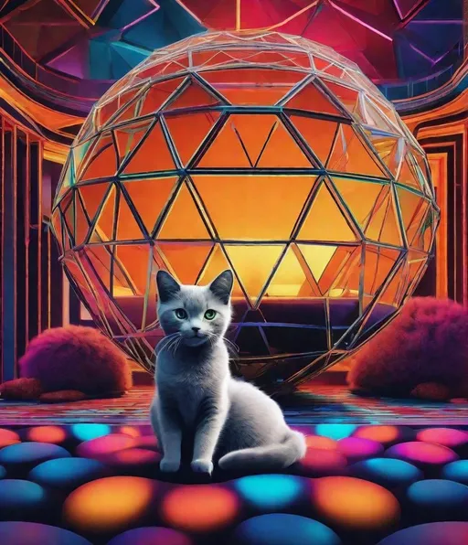 Prompt: A curious cat lies on a carpet to paw at a glowing geodesic ball, emiting an array of otherworldly colors that forcefully add contrast and definition to a monochromatic moment in time. A tone transformation of boring to extraordinary is visible. 