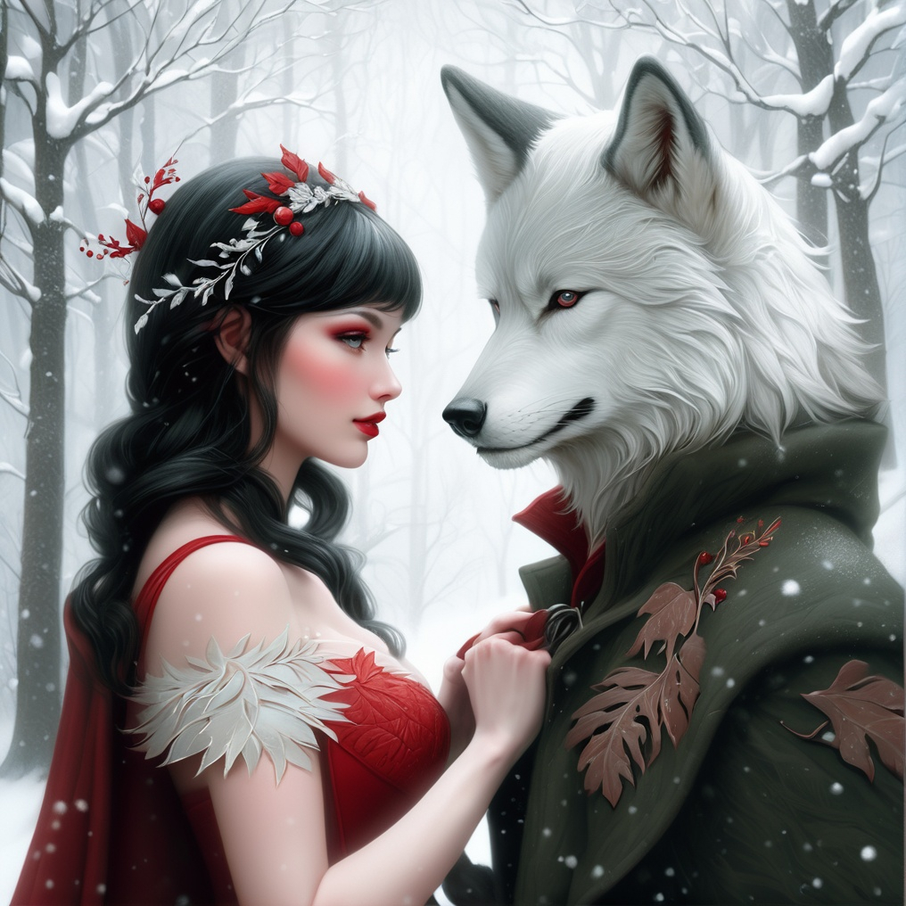 Prompt: The beautiful Red Riding Hood is in love with the anthropomorphic Big white Winter wolf man , detailed, fern leaves, Snow, by artgerm, tom bagshaw, Megan duncanson, James Jean, shaun tan, madoka magica, by kay nielsen, embossing fairy tale, whimsical, trending on artstation. Super clear resolution, elegant beautiful, lovely, best quality, beautifully lit, vray tracing