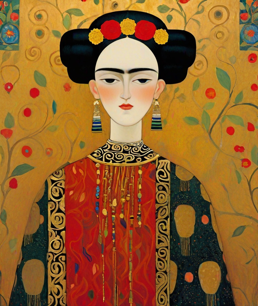 Prompt: Juliet and the Head of Romeo, Fashion *sartorial*, by Gustav Klimt. Frida Kahlo 