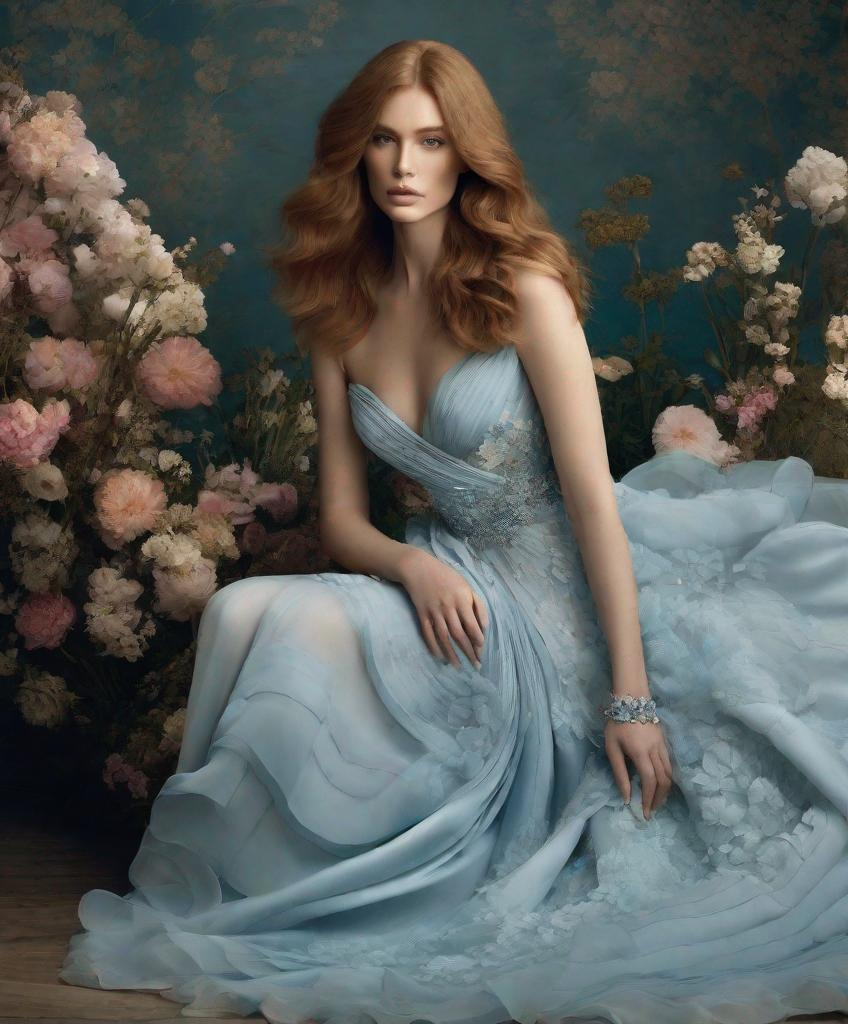 Prompt: Gorgeous pre Raphaelite Lady in pastel blue Elie Saab designer dress with wavy photonegative refractograph fabric 