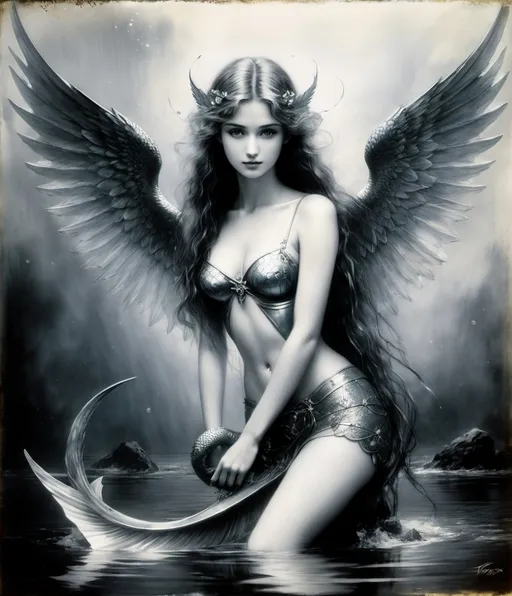 Prompt: a ferrotype beautiful angel with a mermaid tail, by Luis Royo 