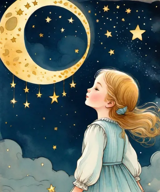 Prompt: and the little moon girl looks up to the sky, the stars fall to the ground like gold leaf, vintage child book illustration, chiara bautista 