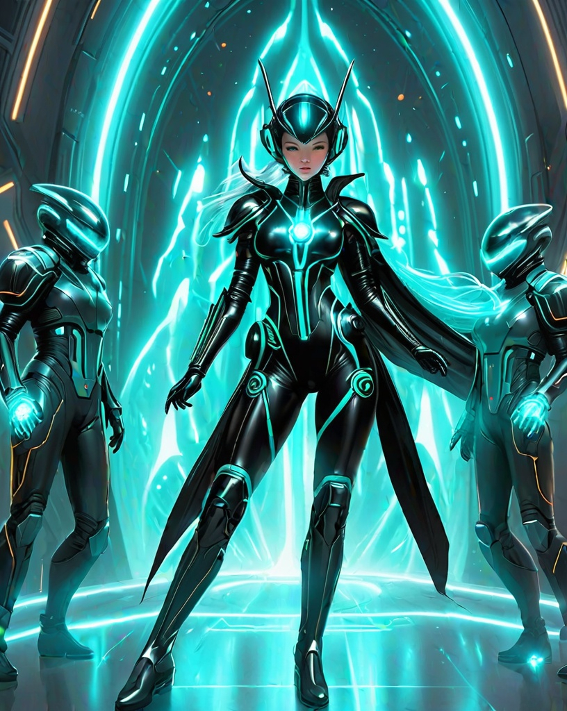 Prompt: Full body picture of a female science fiction space wizard in a black formfitting spacesuit with neon cyan trimmings channelling energy from a plasma conduit and using it to defend against an attacking alien menace surrounded by Will-o'-the-wisp companions 