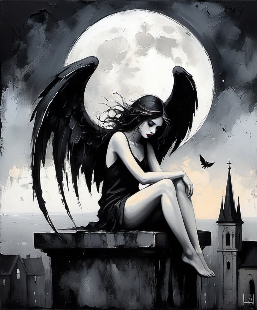 Prompt: La darling fallen angel girl Gargoyle, moonlight, Daarken, wlop, Sam Toft, Iren Horrors, Gloomy atmosphere, abstract art painting, Gritty texture, lose brushstrokes impasto, white black