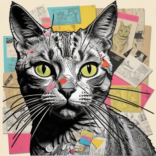 Prompt: Caught by surprise, sculptural cat portrait, hand drawn doodle pop art style, hyper-dynamic pose, windblown, collage of miscellaneous ephemera 