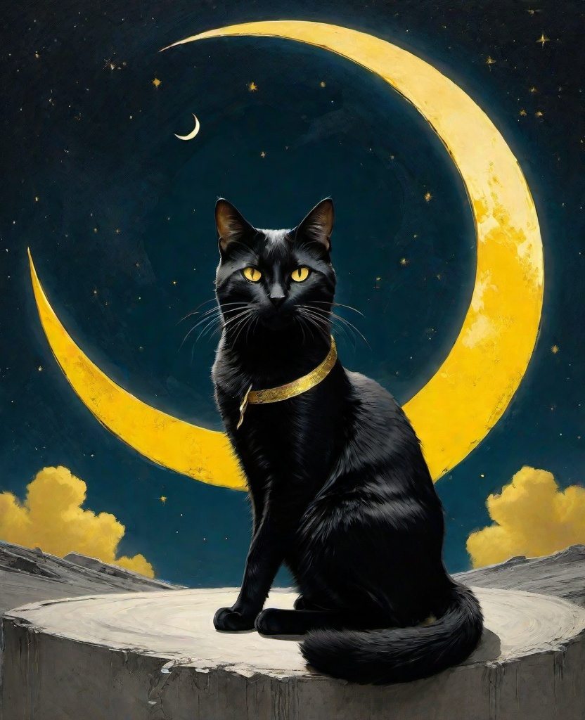 Prompt: Comic Book Art of a beautiful black and gold cat with a perfect tail sitting on a bright yellow crescent moon, with the black cat serving as the central focus of the composition. The cat is depicted in a whimsical manner by Anselm Kiefer and Jeremy Mann and Joshua Middleton and anton semenov, Rothko style, Design and composition by Rebecca Millen