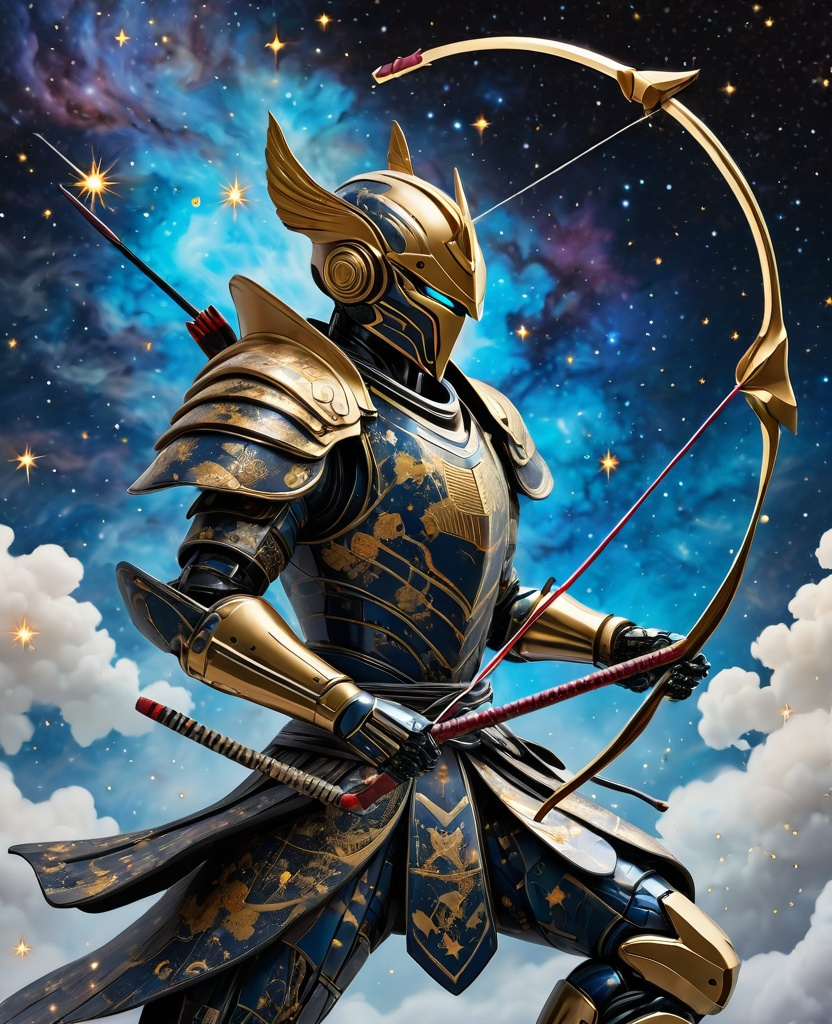 Prompt: Glazed Kintsugi Stoneware Robot Cyborg Samurai Warrior shooting a bow-and-arrow, Dynamic Pose, windblown, celestial nebula stars painted patterns 